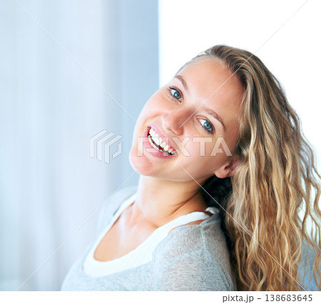 Portrait, woman and skincare with beauty, cosmetic and natural for self care and glow at home. Wellness, person and face with smile for glowing skin, facial treatment or shine with hair at house Portrait, woman and skincare with beauty, cosmetic and natural for self care and glow at home. Wellness, person and face with smile for glowing skin, facial treatment or shine with hair at house 138683645