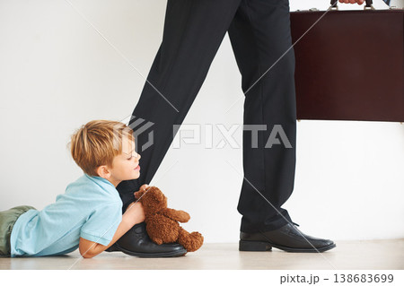 Sad, child and businessman to leave for work, tantrum and closeup with anxiety, stress or mental health. Father, kid or begging on floor to stop dad, corporate worker and professional accountant 138683699