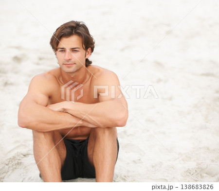 Man, shirtless and beach sand thinking on relax holiday, ocean vacation or tropical sunshine. Male person, wondering or swimwear for summer paradise or peace solitude for rest, sea calm or thought Man, shirtless and beach sand thinking on relax holiday, ocean vacation or tropical sunshine. Male person, wondering or swimwear for summer paradise or peace solitude for rest, sea calm or thought 138683826