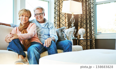 Relax, happy and portrait of old couple on sofa for bonding, healthy relationship and marriage. Retirement, home and senior man and woman on couch for love, commitment and happiness in living room Relax, happy and portrait of old couple on sofa for bonding, healthy relationship and marriage. Retirement, home and senior man and woman on couch for love, commitment and happiness in living room 138683828