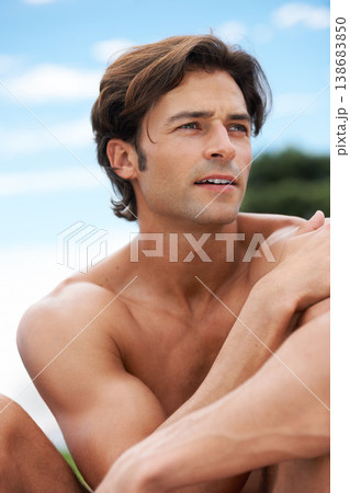 Man, rest and relax on break by beach, exercise and training in outdoor gym, park and nature. Male athlete, health and fatigue from fitness, tired and recovery from sports, freedom and peaceful 138683850