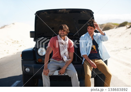 Friends, men and car breakdown on road trip, travel and journey outdoor. Engine problem, truck fail and people waiting for roadside assistance, motor transport insurance and help together at desert Friends, men and car breakdown on road trip, travel and journey outdoor. Engine problem, truck fail and people waiting for roadside assistance, motor transport insurance and help together at desert 138683892
