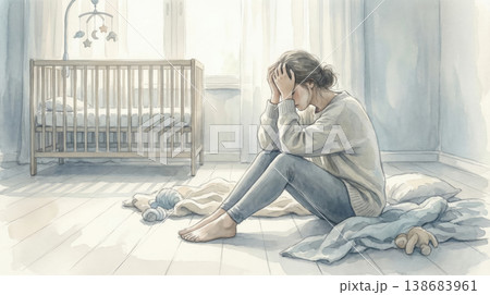 Depressed new mother feeling overwhelmed and exhausted in nursery room Depressed new mother feeling overwhelmed and exhausted in nursery room 138683961