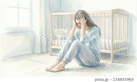 Depressed new mother feeling overwhelmed and exhausted in nursery room Depressed new mother feeling overwhelmed and exhausted in nursery room 138683969