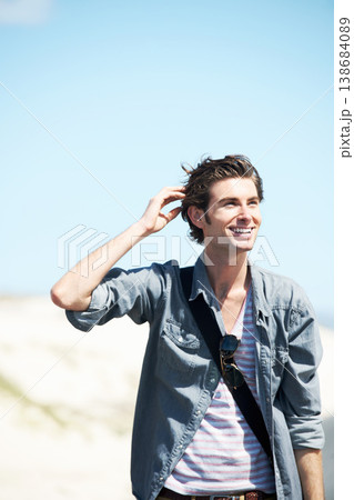 Travel, freedom and happy man outdoor with good mood, confidence and positive attitude. Smile, adventure and male person in nature for holiday, vacation or solo trip, walking and relax in Florida Travel, freedom and happy man outdoor with good mood, confidence and positive attitude. Smile, adventure and male person in nature for holiday, vacation or solo trip, walking and relax in Florida 138684089