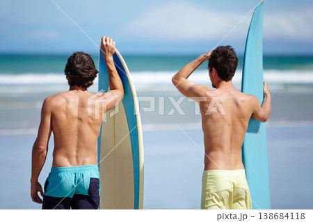 Beach friends, surfboard and sports people on holiday adventure, travel vacation or ready for hobby, activity or surfing. Nature, ocean sea waves or back of surfer, athlete or partner looking at view Beach friends, surfboard and sports people on holiday adventure, travel vacation or ready for hobby, activity or surfing. Nature, ocean sea waves or back of surfer, athlete or partner looking at view 138684118