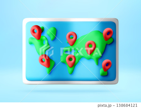 3d world map with red location pins on continents. 3d world map with red location pins on continents. 138684121