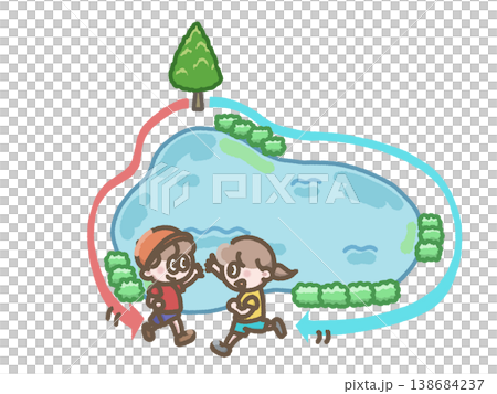 描繪人們繞著池塘奔跑的插圖 138684237