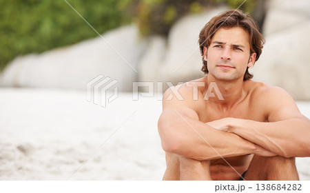 Man, beach or sand thinking relax for vacation plans, summer sunshine, or tropical ocean. Male person, thoughts confused at outdoor view or sea salt hair for wondering, fresh air or interesting sight 138684282