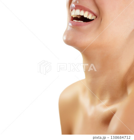 Smile, dental teeth and beauty of woman in studio isolated on a white background mockup space. Mouth, closeup and funny model laugh, healthy tooth and natural gums, skin wellness and orthodontics 138684712