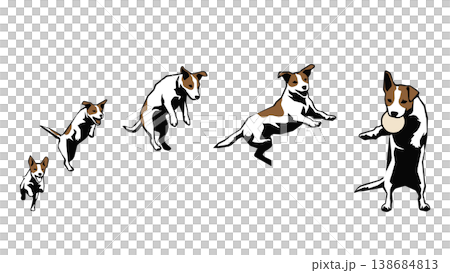 Continuous jumping motion of a dog catching a ball (stencil-style vector) 138684813