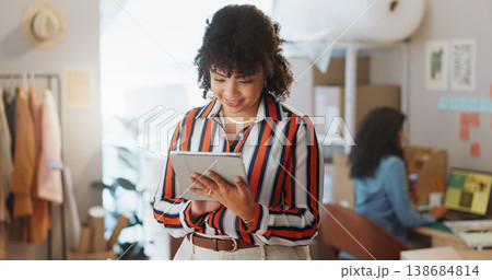 Happy woman, fashion designer and tablet in research, logistics or small business communication at boutique. Female person or employee smile on technology for online search or supply chain in retail Happy woman, fashion designer and tablet in research, logistics or small business communication at boutique. Female person or employee smile on technology for online search or supply chain in retail 138684814