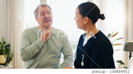 Throat, nurse and senior man with a disease, sick and cold with virus, illness or inflammation. Pensioner, old person or mature guy with caregiver, professional or healthcare with medicare or thyroid 138684932