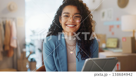 Happy woman, portrait and tablet in logistics, small business or fashion at boutique shop. Female person or entrepreneur smile with technology, boxes or stock for supply chain or ecommerce in retail Happy woman, portrait and tablet in logistics, small business or fashion at boutique shop. Female person or entrepreneur smile with technology, boxes or stock for supply chain or ecommerce in retail 138684942