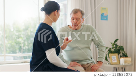 Pills bottle, old man and caregiver explain product info, wellness medicine or healthcare prescription drugs. Sick patient, nursing home and nurse giving pharmaceutical vitamins for health recovery 138685072