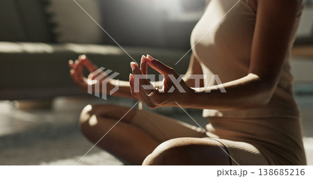 Woman, yoga and lotus on floor, peace or home for chakra balance, relax or breathing in living room. Girl, meditation and spiritual with zen, pilates or workout for wellness, fitness or mindfulness 138685216