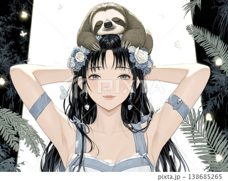 頭にナマケモノを乗せてくつろぐ森の妖精｜幻想ファンタジーイラスト 138685265