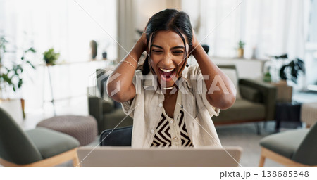 Excited woman, laptop and surprise for winning, bonus promotion or good news at home office. Shocked female person or freelancer smile in wow or omg for lottery, prize or sale discount on promo deal Excited woman, laptop and surprise for winning, bonus promotion or good news at home office. Shocked female person or freelancer smile in wow or omg for lottery, prize or sale discount on promo deal 138685348