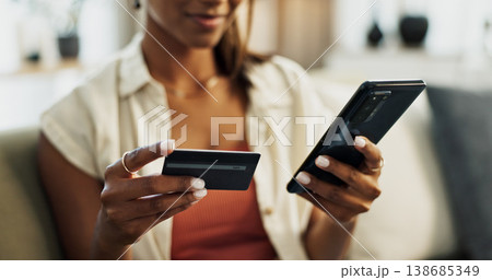 Hands, credit card and phone for closeup, home and woman with cybersecurity, fintech app and banking info. Girl, smartphone and payment for customer experience, budget or sales on e commerce website Hands, credit card and phone for closeup, home and woman with cybersecurity, fintech app and banking info. Girl, smartphone and payment for customer experience, budget or sales on e commerce website 138685349