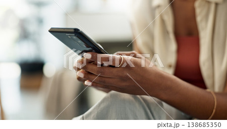 Woman, hands and typing on smartphone in home, reading social network notification and update multimedia subscription. Closeup, app and download mobile games, scroll on internet and chat to contact Woman, hands and typing on smartphone in home, reading social network notification and update multimedia subscription. Closeup, app and download mobile games, scroll on internet and chat to contact 138685350