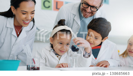 Science, education and students in a classroom with their teachers for learning or to study chemistry. Children, school and scholarship with kids in a lab for an experiment of chemical reaction 138685663