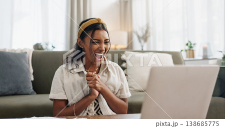 Woman, excited and winning with laptop in home living room on floor with smile, success and profit on stock market. Trader girl, investor or entrepreneur with computer for goals, bonus and revenue Woman, excited and winning with laptop in home living room on floor with smile, success and profit on stock market. Trader girl, investor or entrepreneur with computer for goals, bonus and revenue 138685775