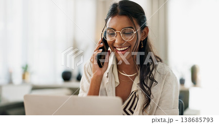 Woman, work from home and phone call with laptop for communication, online planning and happy networking. Professional freelancer talking on mobile and computer for marketing, chat or client feedback Woman, work from home and phone call with laptop for communication, online planning and happy networking. Professional freelancer talking on mobile and computer for marketing, chat or client feedback 138685793
