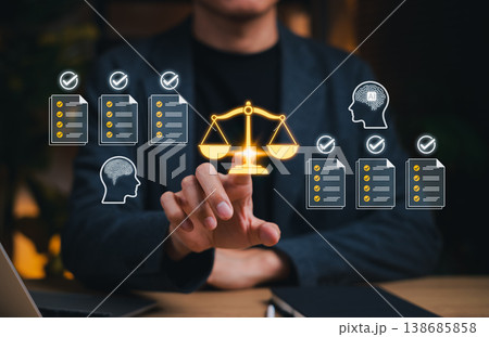 AI ethics and responsible decision making concept. Businessman using interface with balance scale, checklist document, human brain and AI icon, compliance review, fairness, governance, human oversight AI ethics and responsible decision making concept. Businessman using interface with balance scale, checklist document, human brain and AI icon, compliance review, fairness, governance, human oversight 138685858