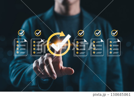 Checklist Approval and Document Verification Concept. Check icons, verified documents, approval symbols, representing task completion, workflow validation, compliance review, business process control, Checklist Approval and Document Verification Concept. Check icons, verified documents, approval symbols, representing task completion, workflow validation, compliance review, business process control, 138685861