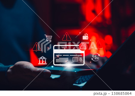 Payment Fraud Alert and Card Security Risk Concept. Person holding smartphone with credit card, warning icons, banking, shopping, wallet, currency symbol, suspicious transaction, online payment threat 138685864