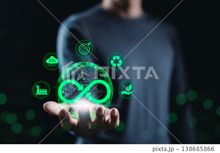 Circular Economy and Sustainable Business Concept. Man holding globe with recycling, carbon reduction, eco target and green care icons, representing environmental responsibility and sustainable growth 138685866