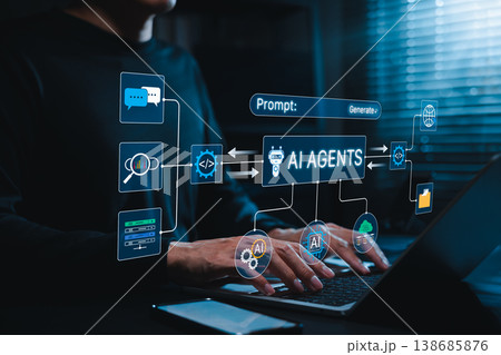AI Agents and Prompt Automation Concept. Person using laptop with virtual prompt, workflow, coding, and AI icons. autonomous agent, task automation, smart integration, digital productivity, Chatbot, AI Agents and Prompt Automation Concept. Person using laptop with virtual prompt, workflow, coding, and AI icons. autonomous agent, task automation, smart integration, digital productivity, Chatbot, 138685876
