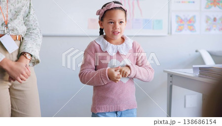 Girl child, classroom presentation and speech for oral assessment with teacher, development and language. Shy female kid, story and speaking for test, exam and education in class, school or academy 138686154