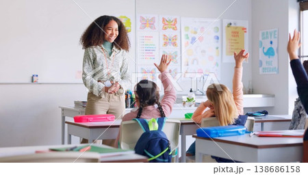 Education, raise arm and woman teacher in classroom with kids for learning, discussion and knowledge. Help, studying and children students with questions for female educator or tutor at school. Education, raise arm and woman teacher in classroom with kids for learning, discussion and knowledge. Help, studying and children students with questions for female educator or tutor at school. 138686158
