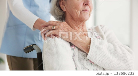 Nurse, senior woman and wheelchair for holding hands, care or support for rehabilitation in clinic. Medic, elderly person with disability or mobility for empathy, kindness or solidarity in retirement 138686232