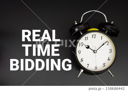 Real Time Bidding text with alarm clock on black background Real Time Bidding text with alarm clock on black background 138686442