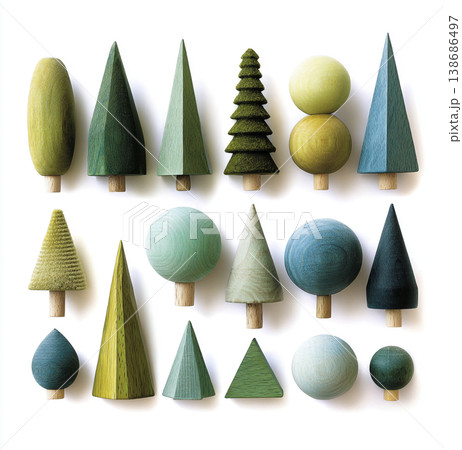 A minimalist set of diverse wooden trees in varying shades of green, blue-green, and light blue. The modern Scandinavian-style toys feature geometric shapes and natural light wood bases. A minimalist set of diverse wooden trees in varying shades of green, blue-green, and light blue. The modern Scandinavian-style toys feature geometric shapes and natural light wood bases. 138686497
