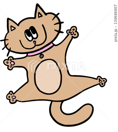 Hand drawn illustrations of cat dancing for decoration, kitten cartoon, characters, comic, mascot, stickers, tattoo, pet shop, vet, animal, home decor, house, yard, playtime, brooch, pin, icon	 138686807