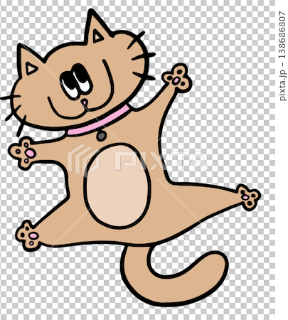 Hand drawn illustrations of cat dancing for decoration, kitten cartoon, characters, comic, mascot, stickers, tattoo, pet shop, vet, animal, home decor, house, yard, playtime, brooch, pin, icon	 138686807