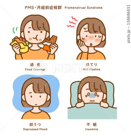 月経前症候群(PMS)症状イラスト4点セット|過食・ほてり・抑うつ・不眠 月経前症候群(PMS)症状イラスト4点セット|過食・ほてり・抑うつ・不眠 138686831