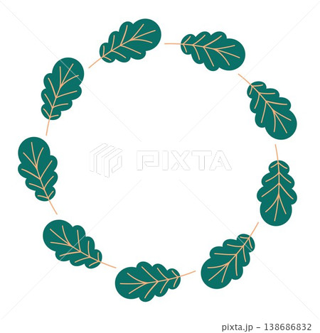 Oak green leaf wreath illustration with foliage arranged in a circular frame. Flat style isolated on white background for cards, invitations and natural themed design. Oak green leaf wreath illustration with foliage arranged in a circular frame. Flat style isolated on white background for cards, invitations and natural themed design. 138686832