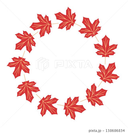 Red maple leaf wreath illustration with foliage arranged in a circular frame. Flat style isolated on white background, ideal for autumn cards, invitation and seasonal decor. Red maple leaf wreath illustration with foliage arranged in a circular frame. Flat style isolated on white background, ideal for autumn cards, invitation and seasonal decor. 138686834