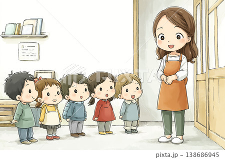 園庭遊びの前に並ぶ園児と女性先生のイラスト 園庭遊びの前に並ぶ園児と女性先生のイラスト 138686945
