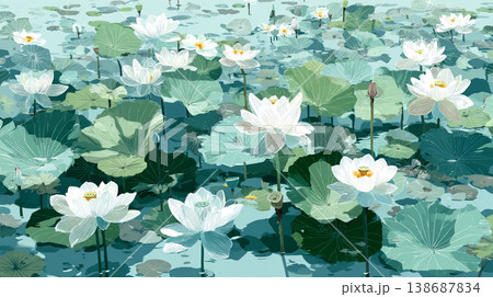 A flat illustration featuring orange, yellow, and white lotus flowers among green lily pads, showcasing a clean, minimalist aesthetic with bold color blocks and soft reflections. A flat illustration featuring orange, yellow, and white lotus flowers among green lily pads, showcasing a clean, minimalist aesthetic with bold color blocks and soft reflections. 138687834