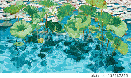 A flat illustration featuring orange, yellow, and white lotus flowers among green lily pads, showcasing a clean, minimalist aesthetic with bold color blocks and soft reflections. A flat illustration featuring orange, yellow, and white lotus flowers among green lily pads, showcasing a clean, minimalist aesthetic with bold color blocks and soft reflections. 138687836