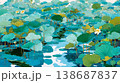 A flat illustration featuring orange, yellow, and white lotus flowers among green lily pads, showcasing a clean, minimalist aesthetic with bold color blocks and soft reflections. 138687837