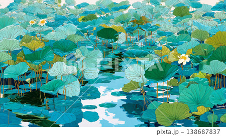 A flat illustration featuring orange, yellow, and white lotus flowers among green lily pads, showcasing a clean, minimalist aesthetic with bold color blocks and soft reflections. A flat illustration featuring orange, yellow, and white lotus flowers among green lily pads, showcasing a clean, minimalist aesthetic with bold color blocks and soft reflections. 138687837
