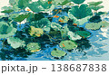 A flat illustration featuring orange, yellow, and white lotus flowers among green lily pads, showcasing a clean, minimalist aesthetic with bold color blocks and soft reflections. 138687838