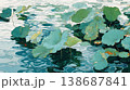 A flat illustration featuring orange, yellow, and white lotus flowers among green lily pads, showcasing a clean, minimalist aesthetic with bold color blocks and soft reflections. 138687841