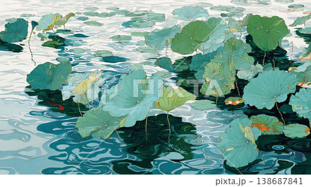 A flat illustration featuring orange, yellow, and white lotus flowers among green lily pads, showcasing a clean, minimalist aesthetic with bold color blocks and soft reflections. A flat illustration featuring orange, yellow, and white lotus flowers among green lily pads, showcasing a clean, minimalist aesthetic with bold color blocks and soft reflections. 138687841